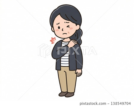 一位女性因肩膀僵硬而感到不適的插圖：為患有肩周炎（粘連性關節囊炎）而無法抬起手臂的老年人提供的健康圖片素材。 138549704