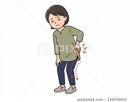 插圖描繪了一位患有坐骨神經痛的中年女性：疼痛和麻木感從下背部蔓延到腿部。 138550035