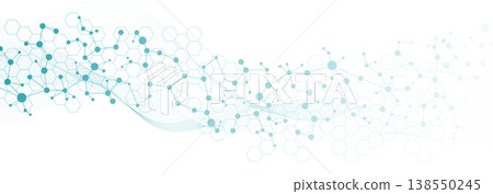 Modern abstract molecules structure for science or medical background. DNA helix or atom visualization. Molecular wave flow abstract background. Vector illustration 138550245