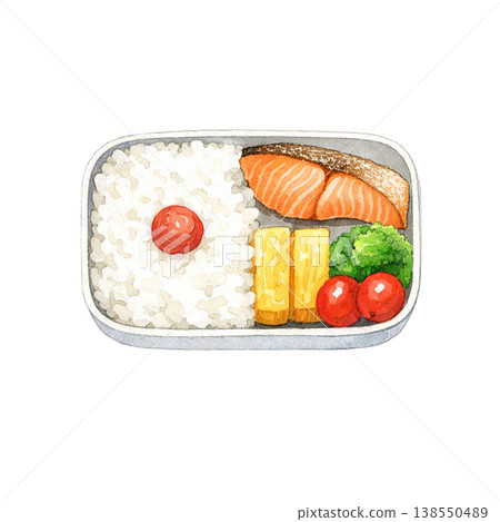 Bento box watercolor illustration: Japanese lunch with grilled salmon and rice. 138550489