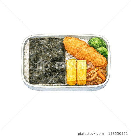 Lunch box watercolor illustration, nori bento lunch ingredients, simple and gentle Japanese food design 138550551
