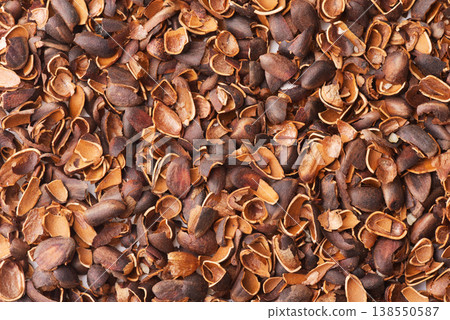 Top view of empty pine nut shells Top view of empty pine nut shells 138550587