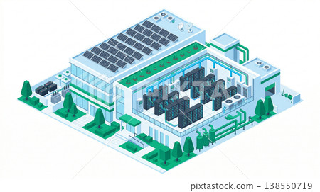 Isometric flat illustration of a sustainable data center (white background, for cutout) 138550719