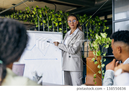 Female professional reviews statistical charts with attentive colleagues Female professional reviews statistical charts with attentive colleagues 138550836