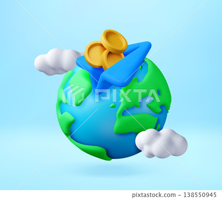 3D Earth globe with paper plane with golden coins 3D Earth globe with paper plane with golden coins 138550945
