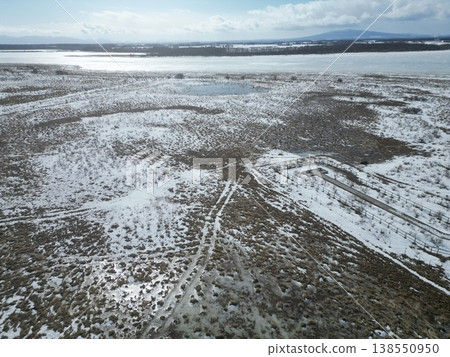 Aerial view of the Koshimizu Wildflower Garden in winter, Koshimizu Town, Hokkaido. Aerial view of the Koshimizu Wildflower Garden in winter, Koshimizu Town, Hokkaido. 138550950