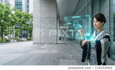 一位身穿和服的女商人正在操作智慧手錶的全像使用者介面。 138550968