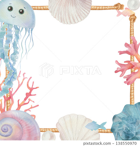 Cute Watercolor frame with cartoon underwater animals and sea elements  138550970