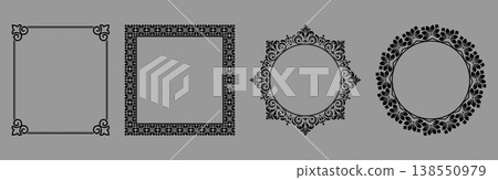 Set of decorative frames Elegant vector element for design in Eastern style, place for text. Floral black and gray frames. Lace illustration for invitations and greeting cards Set of decorative frames Elegant vector element for design in Eastern style, place for text. Floral black and gray frames. Lace illustration for invitations and greeting cards 138550979