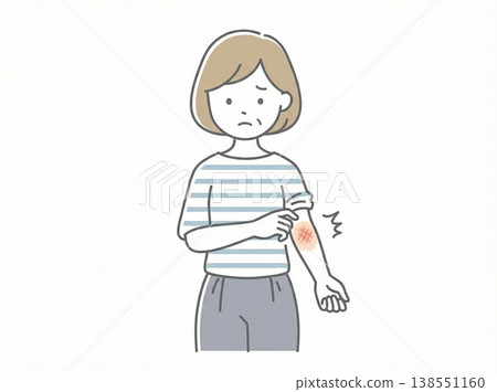 插圖：一位中年婦女手臂發癢發紅：老年人濕疹和皮膚乾燥的健康資訊。 138551160