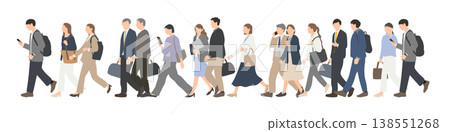 An illustration of a business person walking during rush hour; a crowded commute scene. 138551268