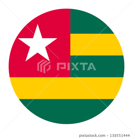 Vector illustration of the national flag of Togo in a circular shape. The design features five equal horizontal bands of green alternating with yellow, with a red canton containing a white five-pointe 138551444