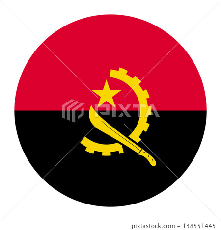 Vector illustration of the national flag of the Republic of Angola in a round shape. The design features horizontal red and black bands with a yellow emblem of a machete, gear, and star in the center. Vector illustration of the national flag of the Republic of Angola in a round shape. The design features horizontal red and black bands with a yellow emblem of a machete, gear, and star in the center. 138551445