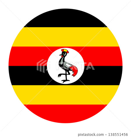 Vector illustration of the national flag of the Republic of Uganda in a circular shape. The design features six equal horizontal bands of black, yellow, and red, with a white disc in the center depict Vector illustration of the national flag of the Republic of Uganda in a circular shape. The design features six equal horizontal bands of black, yellow, and red, with a white disc in the center depict 138551456
