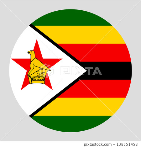Vector illustration of the national flag of the Republic of Zimbabwe in a round shape. The design features seven equal horizontal bands of green, gold, red and black, with a white triangle containing Vector illustration of the national flag of the Republic of Zimbabwe in a round shape. The design features seven equal horizontal bands of green, gold, red and black, with a white triangle containing 138551458