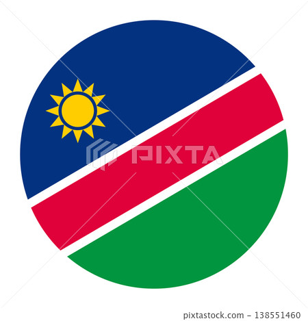 Vector illustration of the national flag of the Republic of Namibia in a circular shape. The design features a diagonal red band with white borders separating a blue triangle with a golden sun and a g Vector illustration of the national flag of the Republic of Namibia in a circular shape. The design features a diagonal red band with white borders separating a blue triangle with a golden sun and a g 138551460