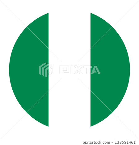 Vector illustration of the national flag of the Federal Republic of Nigeria in a circular shape. The design features three equal vertical bands of green, white, and green 138551461
