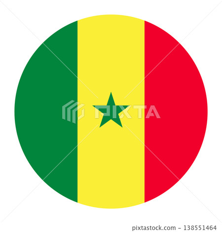 Vector illustration of the national flag of the Republic of Senegal in a circular shape. The design consists of three vertical bands of green, yellow, and red, with a green five-pointed star in the ce Vector illustration of the national flag of the Republic of Senegal in a circular shape. The design consists of three vertical bands of green, yellow, and red, with a green five-pointed star in the ce 138551464