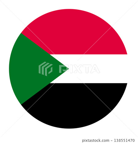 Vector illustration of the national flag of the Republic of the Sudan in a circular shape. The design features three horizontal red, white, and black bands with a green triangle at the hoist side. 138551470