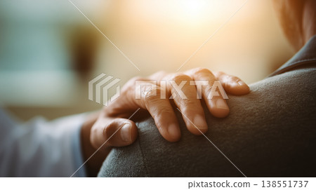 Doctor's hand gently resting on patient's shoulder as a reassuring gesture. Doctor's hand gently resting on patient's shoulder as a reassuring gesture. 138551737