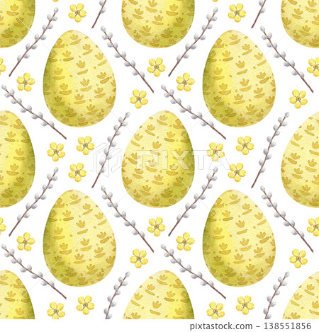 A watercolor seamless pattern with Easter eggs and pussy willow branches 138551856