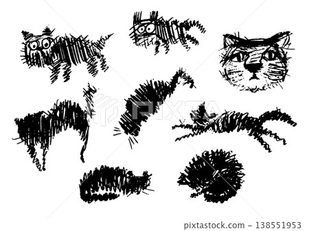 Crayon cat icon. Cute doodle pet drawing set Crayon cat icon. Cute doodle pet drawing set 138551953