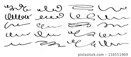 Scribble pen scratches set. Doodle pencil stroke, hand drawn underline marks Scribble pen scratches set. Doodle pencil stroke, hand drawn underline marks 138551969