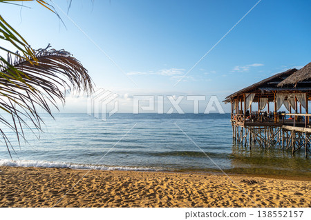 Wooden pier on the beach of Lake Poso, Tentena, Sulawesi 138552157