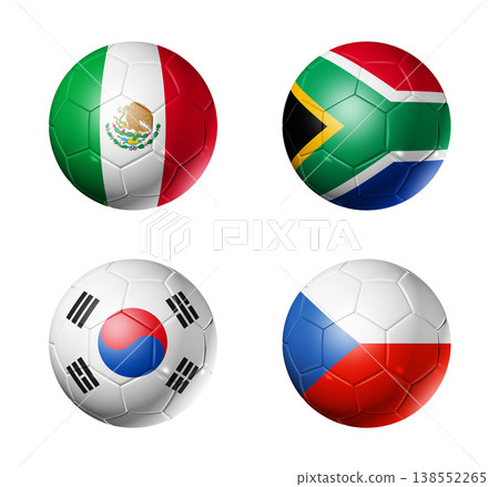 Football competition 2026 group A flags on soccer balls. 3D illustration isolated on white background Football competition 2026 group A flags on soccer balls. 3D illustration isolated on white background 138552265