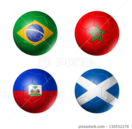 Football competition 2026 group C flags on soccer balls. 3D illustration isolated on white background Football competition 2026 group C flags on soccer balls. 3D illustration isolated on white background 138552276