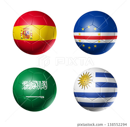Football competition 2026 group H flags on soccer balls. 3D illustration isolated on white background Football competition 2026 group H flags on soccer balls. 3D illustration isolated on white background 138552294