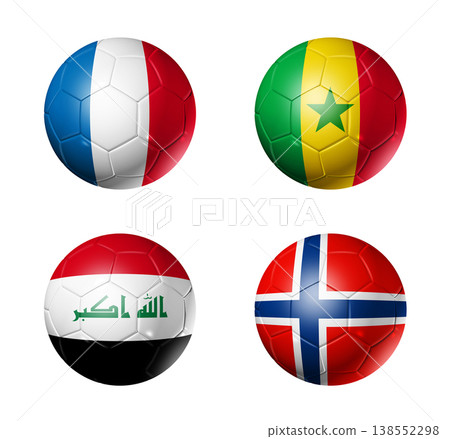 Football competition 2026 group I flags on soccer balls. 3D illustration isolated on white background Football competition 2026 group I flags on soccer balls. 3D illustration isolated on white background 138552298