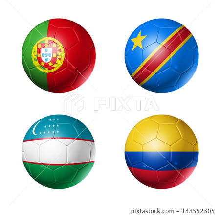 Football competition 2026 group K flags on soccer balls. 3D illustration isolated on white background 138552305