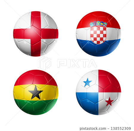 Football competition 2026 group L flags on soccer balls. 3D illustration isolated on white background Football competition 2026 group L flags on soccer balls. 3D illustration isolated on white background 138552309
