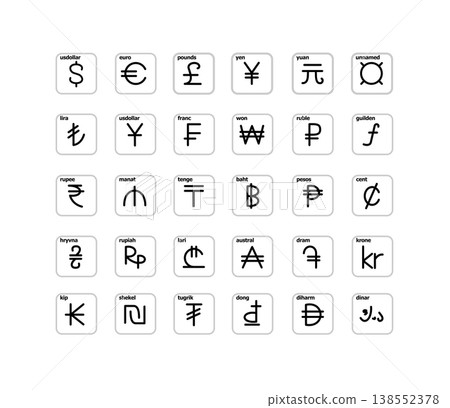 Different Types Currency Sign Black Thin Line Icon with Frame Set. Vector Different Types Currency Sign Black Thin Line Icon with Frame Set. Vector 138552378