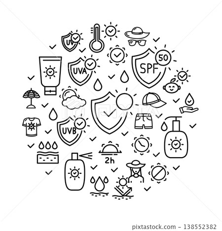 Sun Protection Round Design Template Thin Line Icon Concept. Vector Sun Protection Round Design Template Thin Line Icon Concept. Vector 138552382