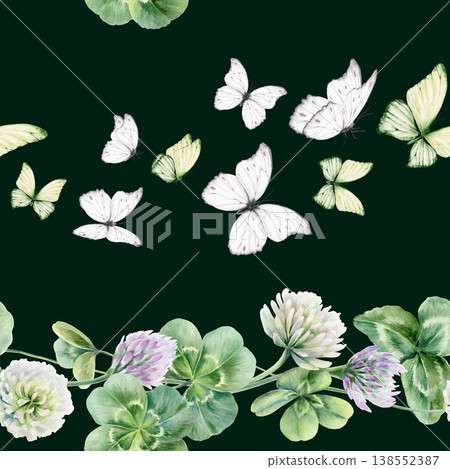 Seamless pattern of shamrocks and four leaves clover,lilac and white flowers,butterflies.Watercolor ilustration,symbolizing luck and new beginnings,for wedding,bridal party decor,romantic celebrations Seamless pattern of shamrocks and four leaves clover,lilac and white flowers,butterflies.Watercolor ilustration,symbolizing luck and new beginnings,for wedding,bridal party decor,romantic celebrations 138552387