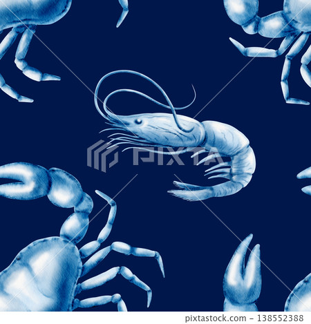 Solitary crab and shrimp in delicate blue watercolor monochrome seamless pattern.Hand drawn illustration for marine themes,coastal designs,restaurant menu,wrapping paper Solitary crab and shrimp in delicate blue watercolor monochrome seamless pattern.Hand drawn illustration for marine themes,coastal designs,restaurant menu,wrapping paper 138552388