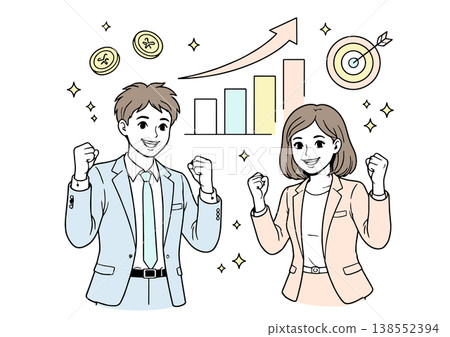 An illustration of a young man and woman celebrating their business success. 138552394