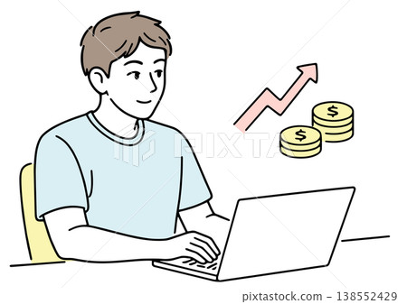 An illustration of a young man working on a laptop. 138552429