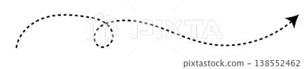 Long dash line arrow, curve horizontal dot direction path 138552462