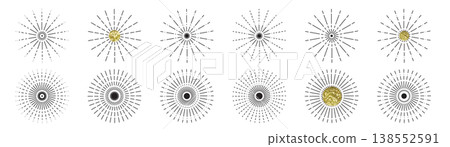 Line sun ray set. Star burst icon, sunburst radial shapes collection Line sun ray set. Star burst icon, sunburst radial shapes collection 138552591