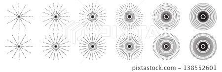 Line sun ray set. Star burst icon, sunburst radial shapes collection 138552601