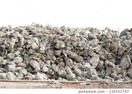 Broken rubble and concrete wall pile isolated 138552747