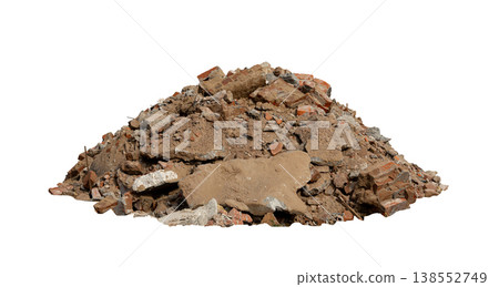 Broken rubble and concrete wall pile isolated 138552749