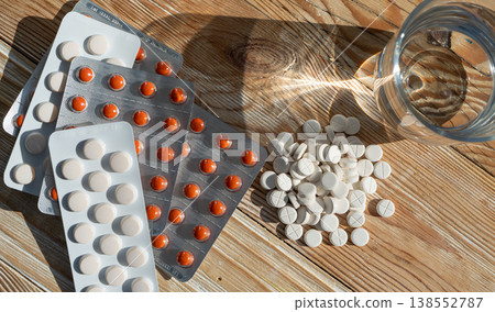 Red yellow medicine pills and water glass 138552787