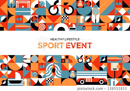 Sports poster with modern geometric patterns. Geometric sports banner with soccer, bicycle, tennis, and basketball. Vector poster with bicycle, racket, helmet, canoe and sailboat for sport events 138552815