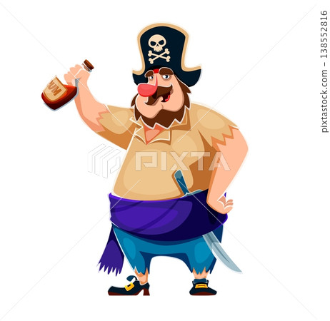 Cartoon pirate character holding a brown rum bottle. Corsair dressed in casual pirate clothes with a sword tucked at his waist. Vector sailor, seaman or rover personage with red nose and drunk grin 138552816