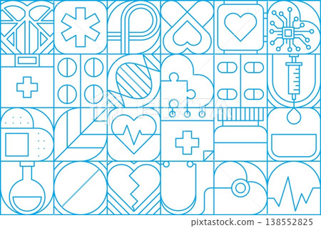 Modern geometric medicine and health care pattern of medical shapes, vector background. Medicine pattern of cardiology heart, pills and blood donation drops with doctor stethoscope and syringe Modern geometric medicine and health care pattern of medical shapes, vector background. Medicine pattern of cardiology heart, pills and blood donation drops with doctor stethoscope and syringe 138552825