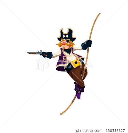 Cartoon pirate character hanging on a rope while aiming a pistol. Isolated vector adventurous corsair personage has a fierce expression, wearing traditional pirate attire and a hat with crossed bones 138552827